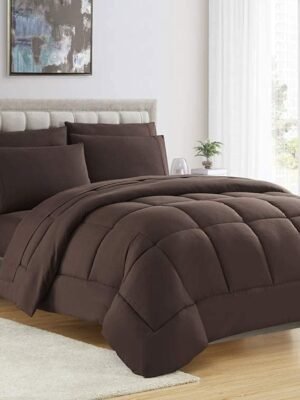 5PCS Box Stitched Comforter Set - Brown /Oversized King Ultra-Soft Goose Down Alternative Comforter with 4 Pillow Shams 100% Cotton 500  Series Best Quilted Collection for All Seasons