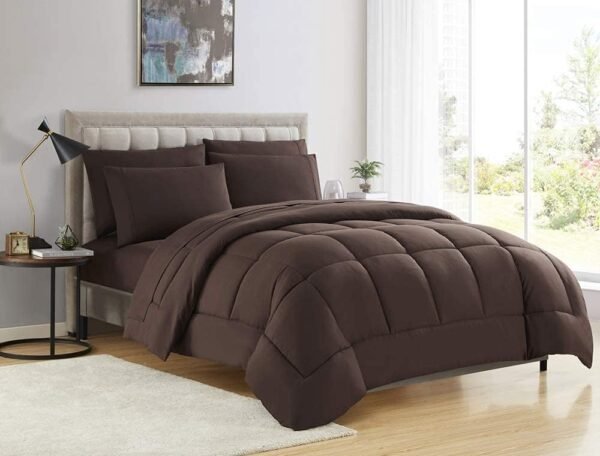 5PCS Box Stitched Comforter Set - Brown /Oversized King Ultra-Soft Goose Down Alternative Comforter with 4 Pillow Shams 100% Cotton 500  Series Best Quilted Collection for All Seasons