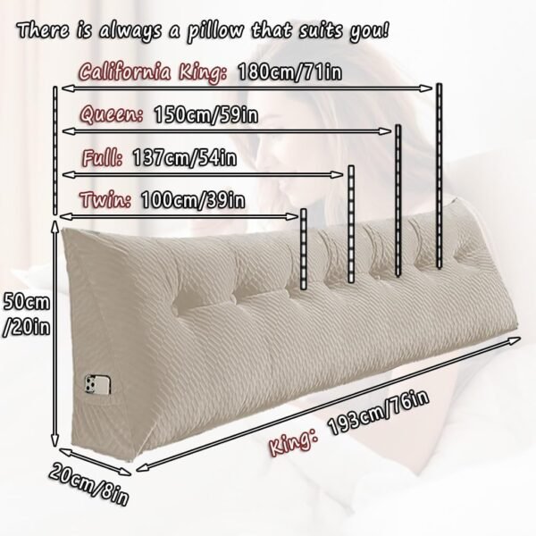 Velvet Triangular Wedge Pillow, Removable Cover Headboard Pillow for Daybed, Backrest Positioning Support Pillow Cushion Resting Reading Relaxing(Beige,Twin(39 * 20 * 8in))