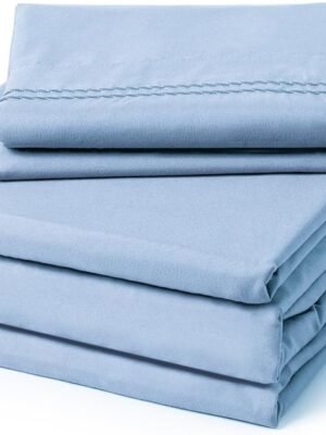Single sheet set - four-piece soft and breathable luxury sheet set - shrink-resistant and fade-resistant embroidered sheet, deep pocket design, includes two extra pillowcases (single bed, light blue).