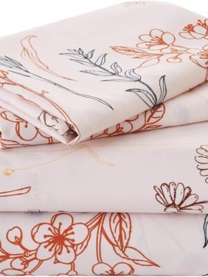 Floral Pattern King Size Sheet Set, Bohemian Floral Pattern Sheet Set, Beige Fall Bedding, Includes Sheet and Pillowcases, Soft Microfiber Material, 15-inch Extra-Deep Pocket Fitted Sheet Set, 4-Piece Set