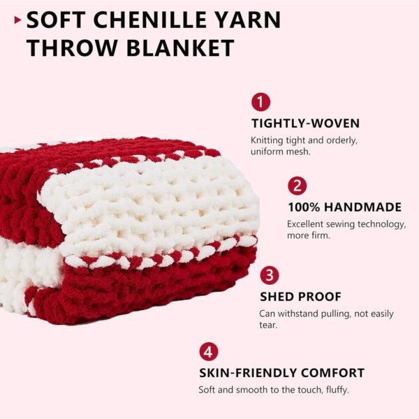 Chunky Knit Blanket Throw - Soft Chunky Throw Blanket 50x60: 100% Hand Kintted Chenile Crochet Throw Blanket for Couch - Large Cable Knit Chunky Blanket for Home Decor(Red and White)