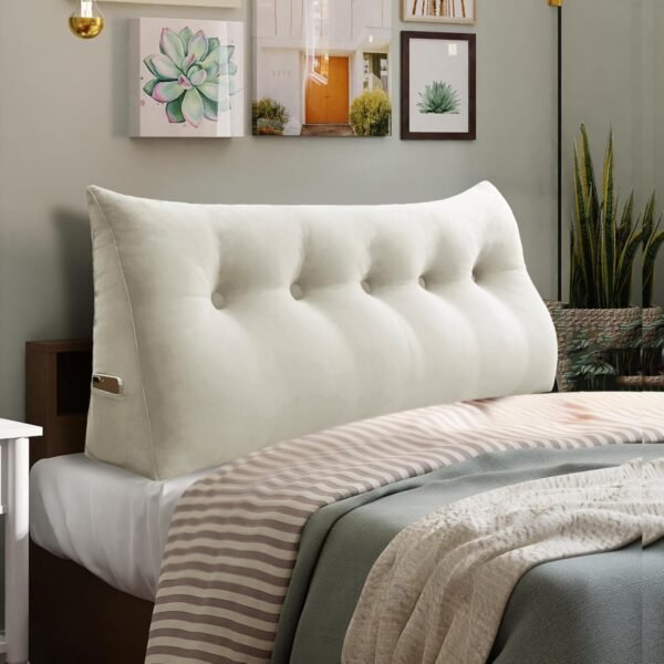 11 lbs Thickened Queen Headboard Pillow for Sitting Up in Bed, Back Support Reading Pillow with Side Pocket and Velvet Removable Cover, Triangular Large Wedge Headboard Pillow
