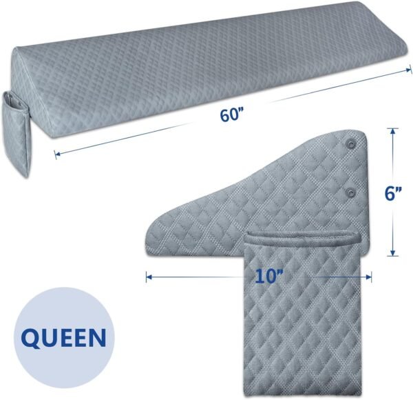Queen Size Pillow Wedge for Headboard Gap Bed Gap Filller (0-8") Mattress Space Filler Pillow Stopper with 2 Side Pocket Triangle Foam Pillow Wedge Between Headboard Mattress(Grey, 60"x10"x6")