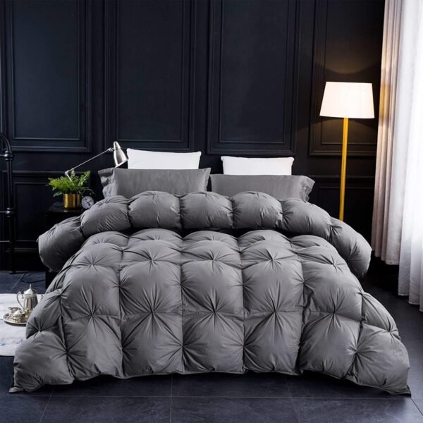 Pinch Pleat Feathers Down Comforter Queen Size Duvet Insert, 750+ Fill Power, 1200TC 100% Cotton Fabric, All Seasons Premium Grey Down Comforter with 8 Tabs.