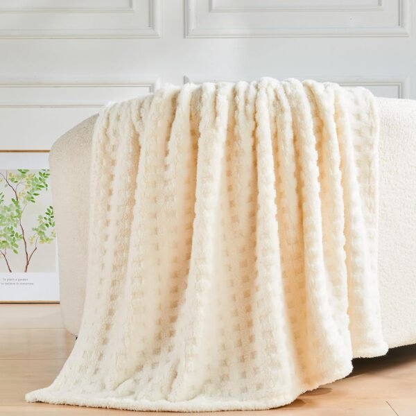 Super Soft Throw Blanket Ivory Premium Silky Flannel Fleece 3D Waffle Checkered Lightweight Bed Blanket All Season Use (Ivory, Throw(50"x70"))