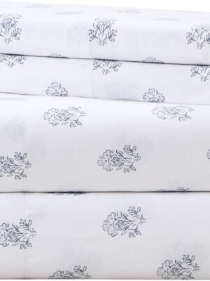 100% Cotton Sheet Set, Queen Size, Breathable and Cool, Soft Cotton Sheet Set, 14-inch Elastic Pocket Design, Fits mattresses up to 16 inches thick, Suitable for all seasons, Blue Floral Pattern 4-Piece Set