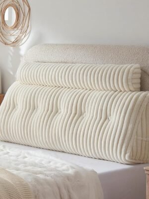 Headboard Pillow + A Long Neck Roll Pillow Body Pillow，Faux Fur Headboard Wedge Pillow with Removable Cover (Beige, Queen：59x8x20 inches)