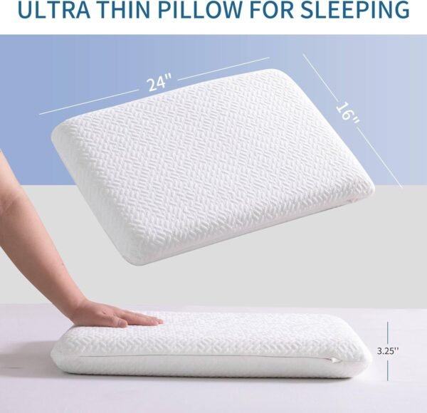 Ultra Thin, Flat Pillow for Sleeping 3.25 Inch Height, Thin Memory Foam Pillow for Stomach Sleeper, Slim Bed Pillow for Side and Back Sleepers, Standard Size