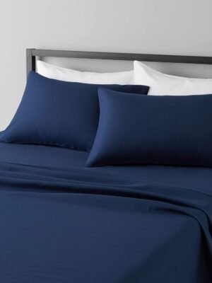 Lightweight, ultra-soft, easy-care, breathable microfiber four-piece sheet set, 14-inch deep pockets, standard double size, navy blue, solid color