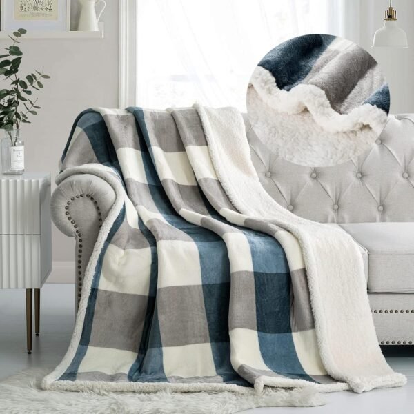 Fleece Throw Blanket 60" x 80" Reversible Plush Fluffy Large Big Blanket Lattice Flannel Blankets for Sofa Couch Bed (Grey-Soft Blue, 60"*80")