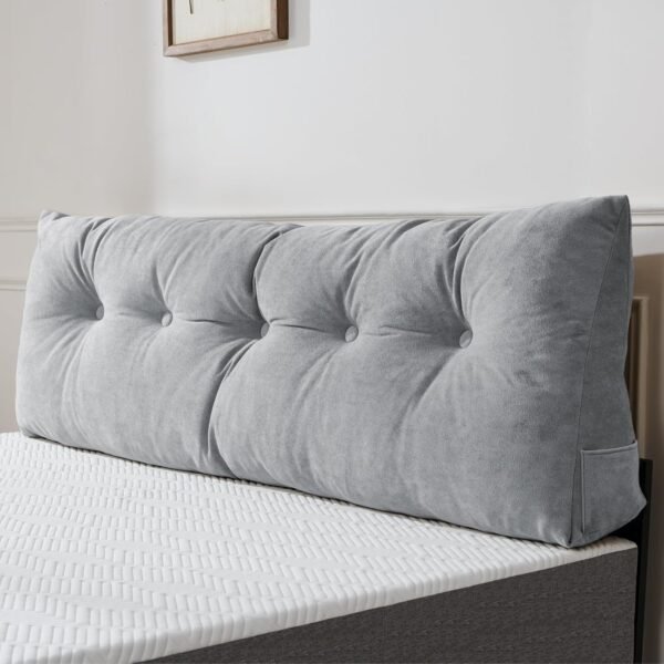 Premium Wedge Pillow Headboard with Removable Cover - Triangular Reading Support Backrest for Bed with Side Pockets, Perfect for Reading & TV (Light Gray Twin Size, 39x8x20 Inches)