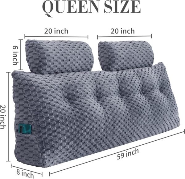 Wedge Headboard Pillow - Bed Wedge Pillow for Headboard Triangular Headboard Pillow with Neck Roll Pillow-Large Bolster for Sitting in Bed Backrest Positioning Support (Grey,59x8x20 Inches)
