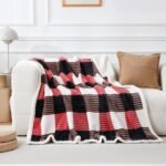 Blanket Twin Plaid Thick Bed Blanket, 60”*80” Super Soft Flannel Fuzzy Fleece Reversible Velvet Plush Warm Blanket for Couch (Black Red Check)