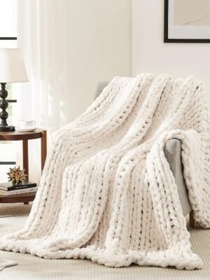 Chunky Knit Blanket Throw,Soft Chenille Yarn Throw 50x60，Handmade Thick Cable Knit Crochet Blanket, Large Rope Knot Throw Blanket for Couch Home Decor