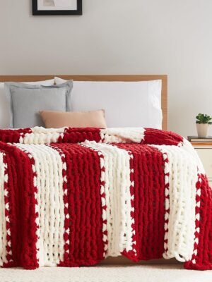 Chunky Knit Blanket Throw - Soft Chunky Throw Blanket 50x60: 100% Hand Kintted Chenile Crochet Throw Blanket for Couch - Large Cable Knit Chunky Blanket for Home Decor(Red and White)