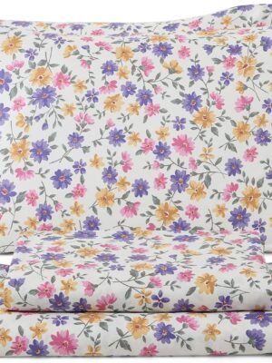Purple and Yellow Floral Pattern Sheet Set - 4-Piece Sheet Set - Wrinkle-resistant and ultra-soft - Fits mattresses up to 15 inches thick (Queen Size)