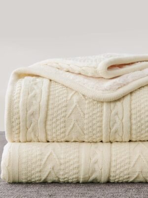 bedding Cream 50 x 63 Inches Acrylic Cable Knit  Throw Blanket - Thick, Soft, Big, Cozy Beige Knitted Fleece Blankets for Couch, Sofa, Bed - Large Coverlet All Season