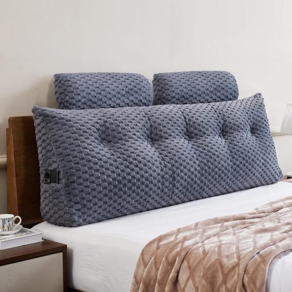 Wedge Headboard Pillow - Bed Wedge Pillow for Headboard Triangular Headboard Pillow with Neck Roll Pillow-Large Bolster for Sitting in Bed Backrest Positioning Support (Grey,59x8x20 Inches)