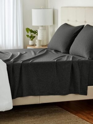 Four-piece sheet set, 100% cotton knit fabric, includes an ultra-soft sheet, fitted sheet, and pillowcases, queen size, dark grey, solid color