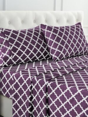 Four-leaf clover pattern full-size sheet set - four-piece ultra-soft microfiber sheet set, includes sheet, 16-inch deep pocket fitted sheet and pillowcases, breathable, bedroom decor, Oeko-TEX certified - purple