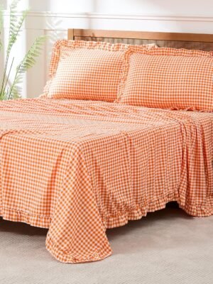 Checkered Queen sheet set, lightweight and ultra-soft brushed microfiber checkered fall sheets, 16-inch deep pockets, four-piece ruffled farmhouse style bedroom decor, orange