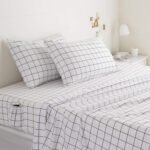Soft microfiber four-piece sheet set, with elastic side pockets, full size, black checkered geometric pattern